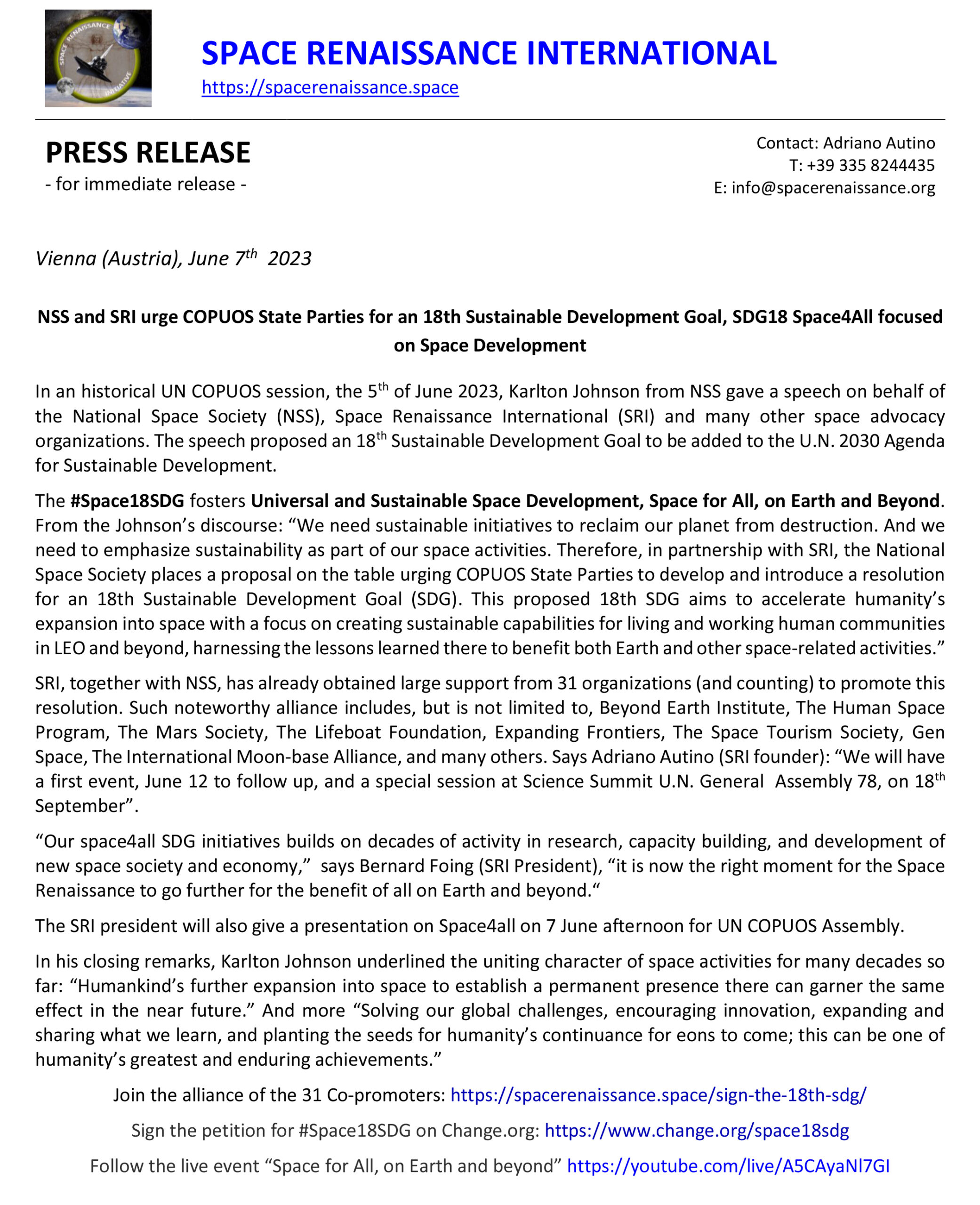 PRESS RELEASE:  NSS and SRI urge COPUOS State Parties for an 18th Sustainable Development Goal, SDG18 Space4All focused on Space Development